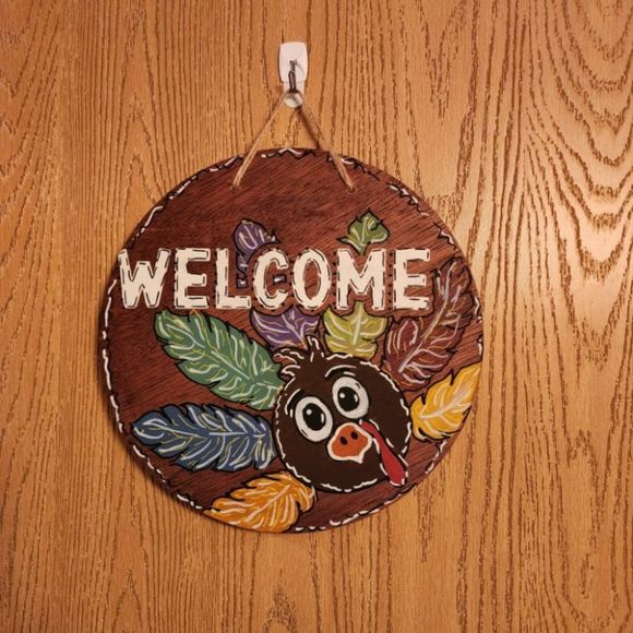 Handmade & handpainted Turkey Welcome sign w/ jute hanger  decoration - Picture 1 of 1